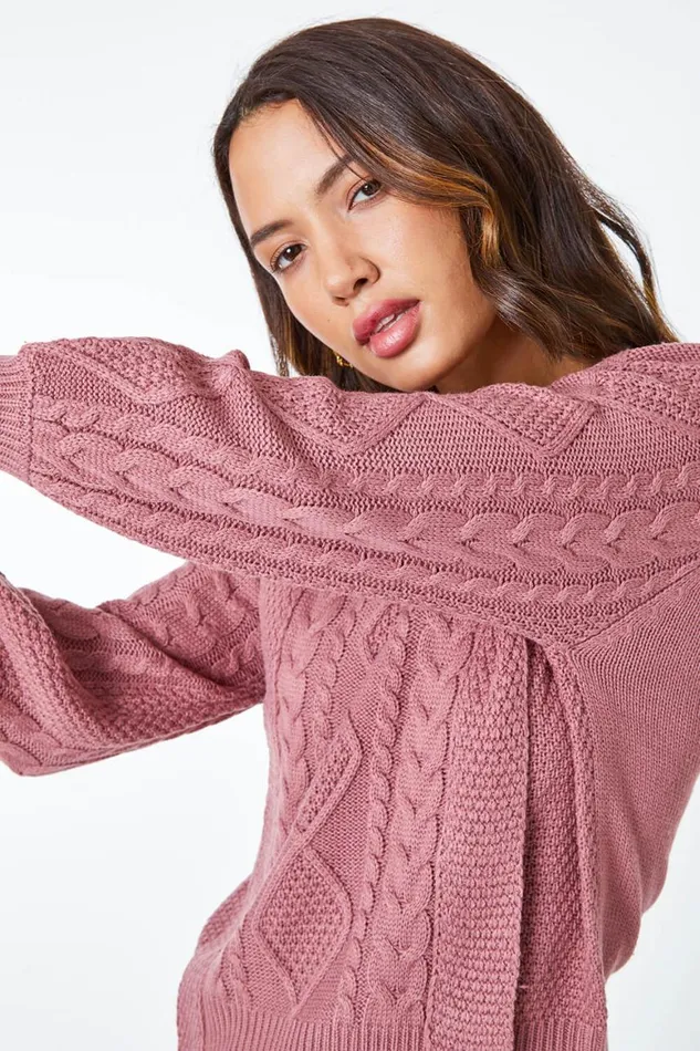 Women Rose Crew Neck Cable Knit Jumper Roman Tops