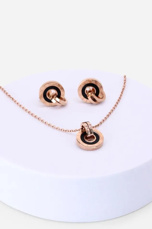 Women Rose Gold Chunky Hoop Necklace and Earring Set Roman Jewellery