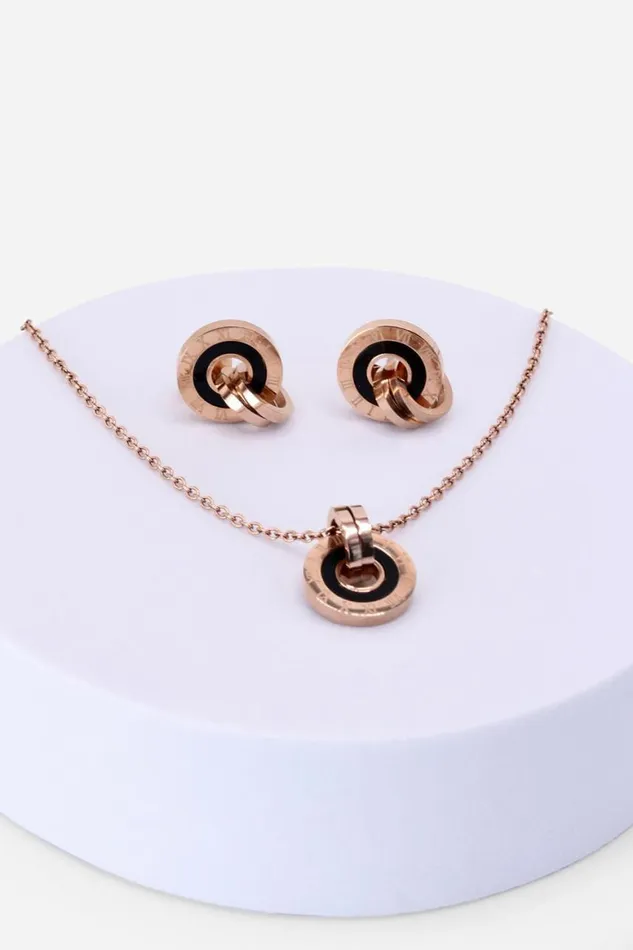 Women Rose Gold Chunky Hoop Necklace and Earring Set Roman Jewellery