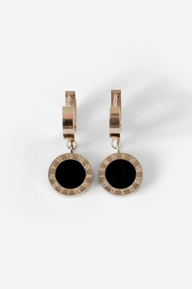 Women Rose Gold Diamante Clock Drop Earrings Roman Jewellery