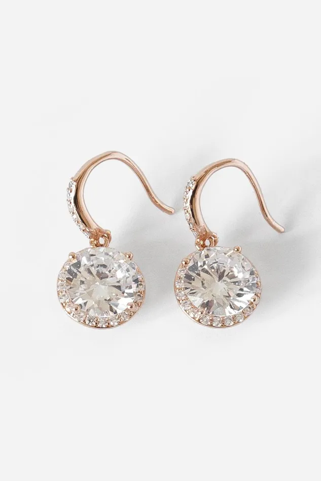 Women Rose Gold Diamante Drop Earrings Roman Jewellery