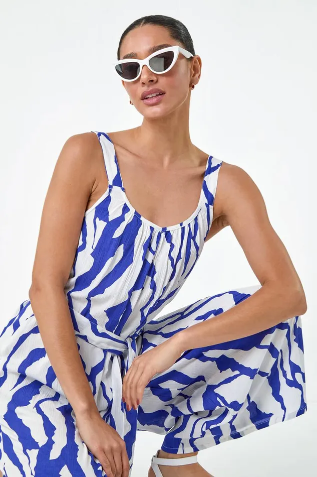 Women Royal Blue Animal Print Belted Jumpsuit Roman Dresses