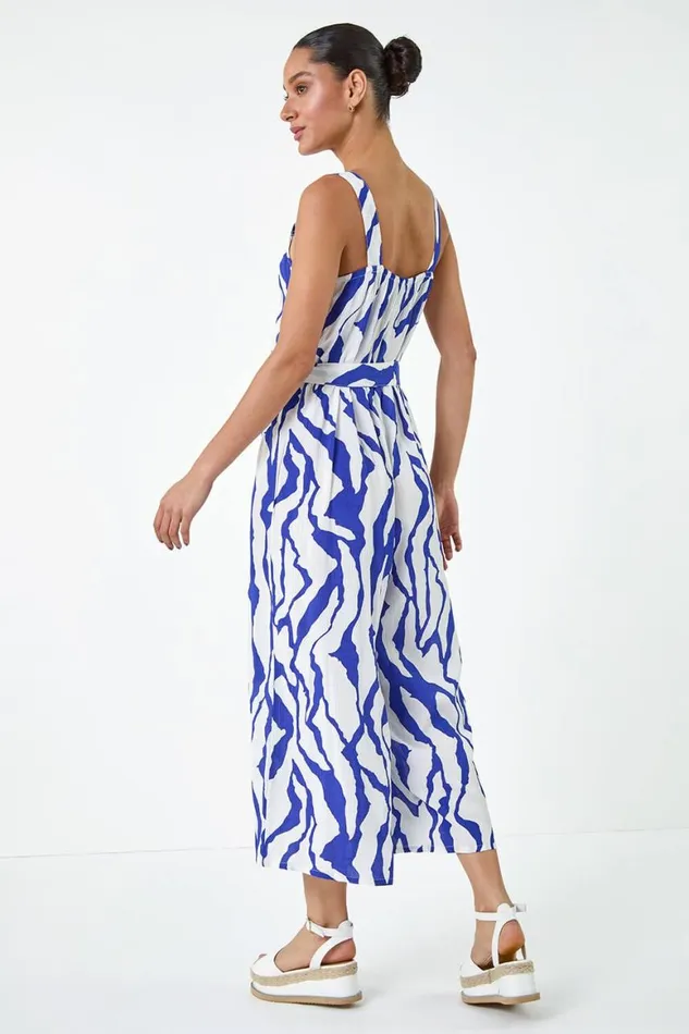 Women Royal Blue Animal Print Belted Jumpsuit Roman Dresses