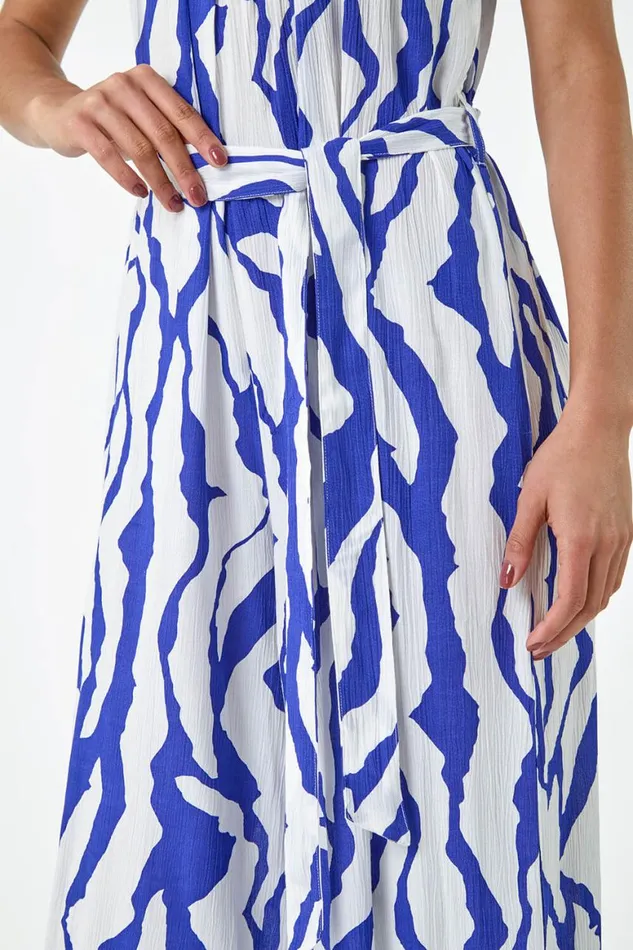 Women Royal Blue Animal Print Belted Jumpsuit Roman Dresses