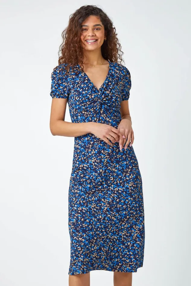 Women Royal Blue Animal Twist Front Midi Stretch Dress Roman Dresses