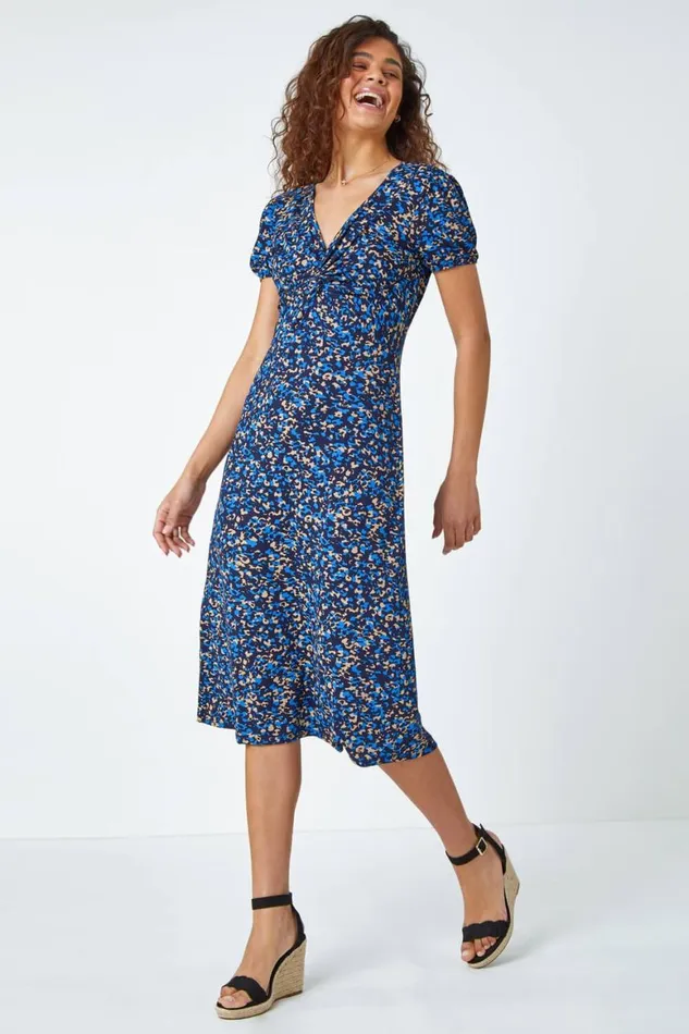 Women Royal Blue Animal Twist Front Midi Stretch Dress Roman Dresses