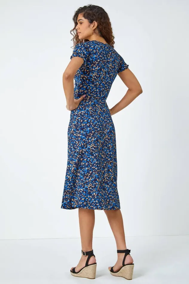 Women Royal Blue Animal Twist Front Midi Stretch Dress Roman Dresses