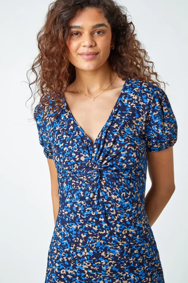 Women Royal Blue Animal Twist Front Midi Stretch Dress Roman Dresses