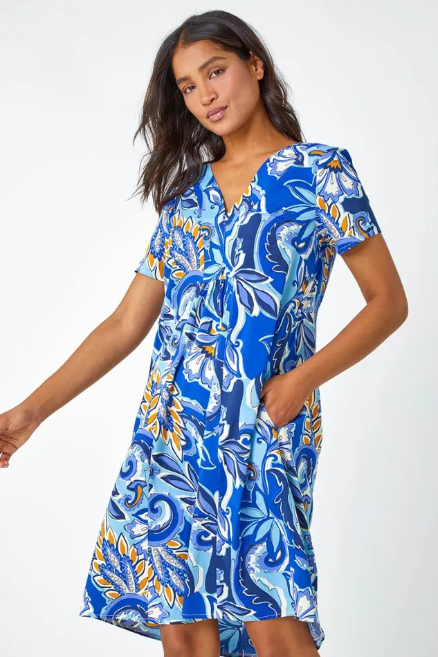 Women Royal Blue Baroque Floral Pocket Tunic Dress Roman Dresses