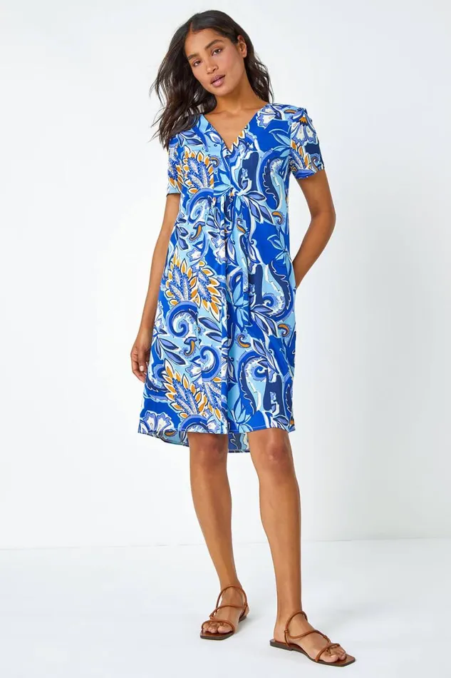 Women Royal Blue Baroque Floral Pocket Tunic Dress Roman Dresses