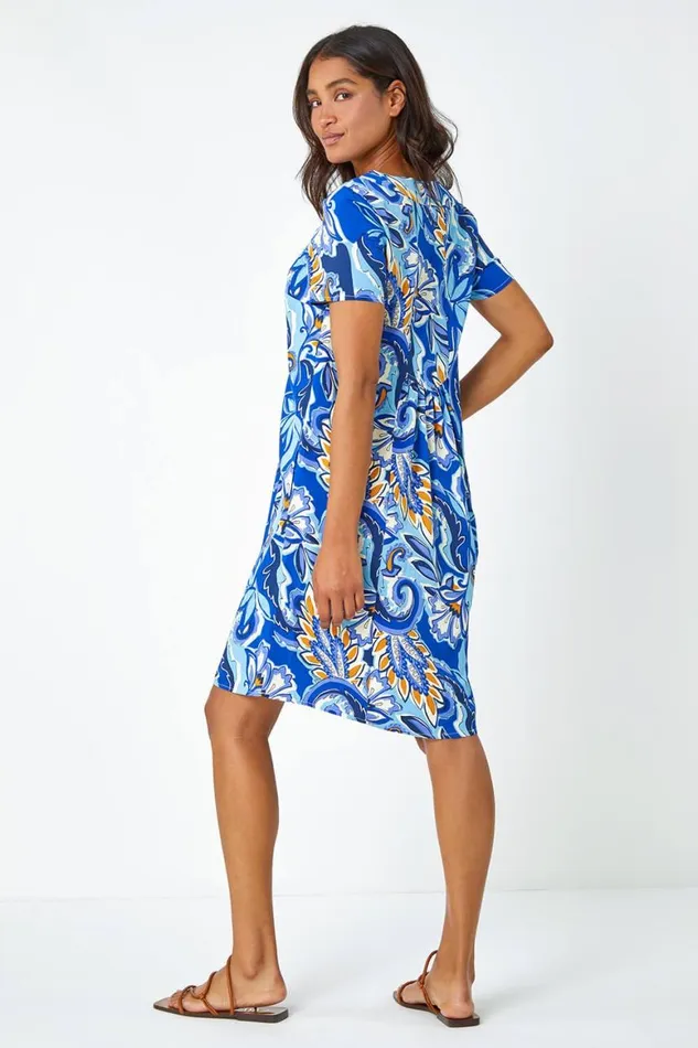 Women Royal Blue Baroque Floral Pocket Tunic Dress Roman Dresses