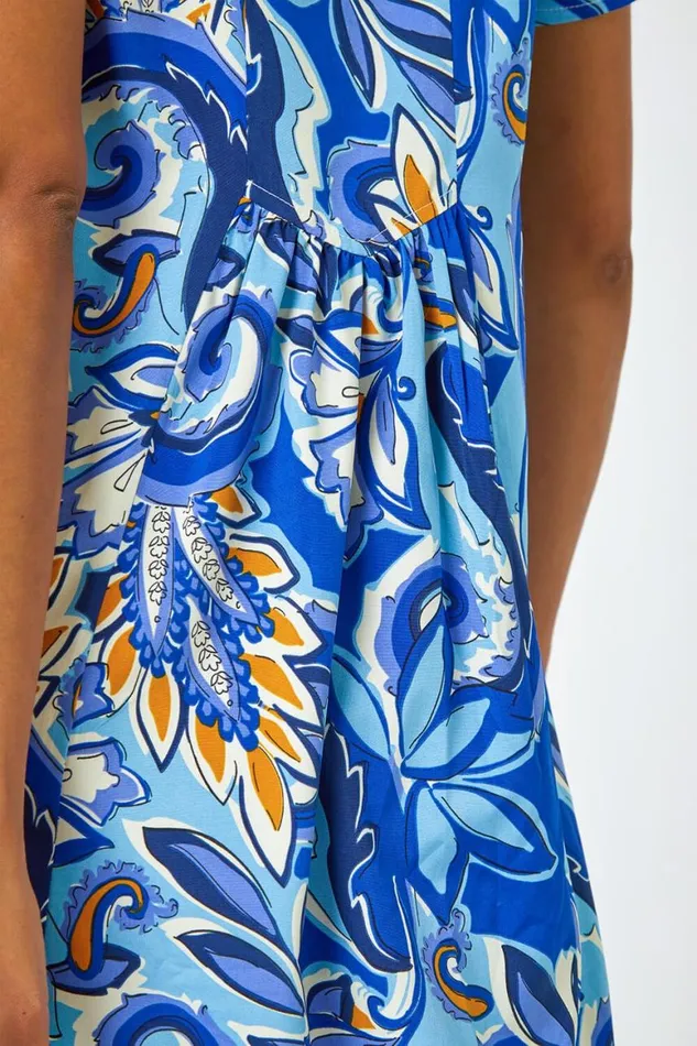 Women Royal Blue Baroque Floral Pocket Tunic Dress Roman Dresses