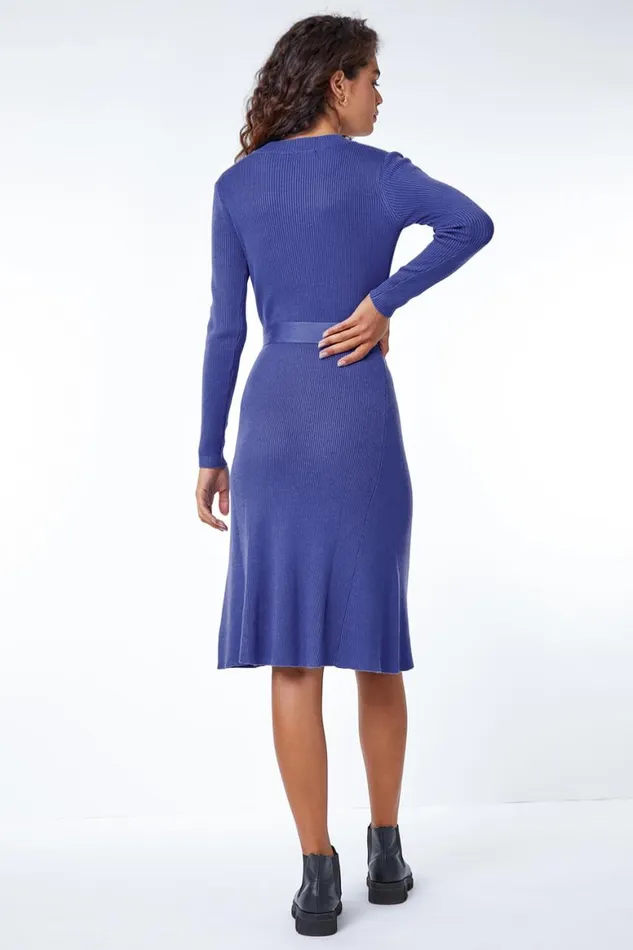 Women Royal Blue Belted Knitted Midi Dress Roman Dresses