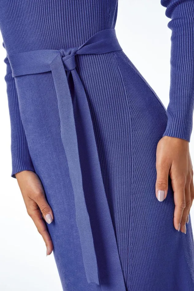 Women Royal Blue Belted Knitted Midi Dress Roman Dresses
