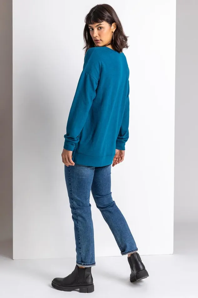 Women Royal Blue Button Side Detail Jersey Top Roman Tops
