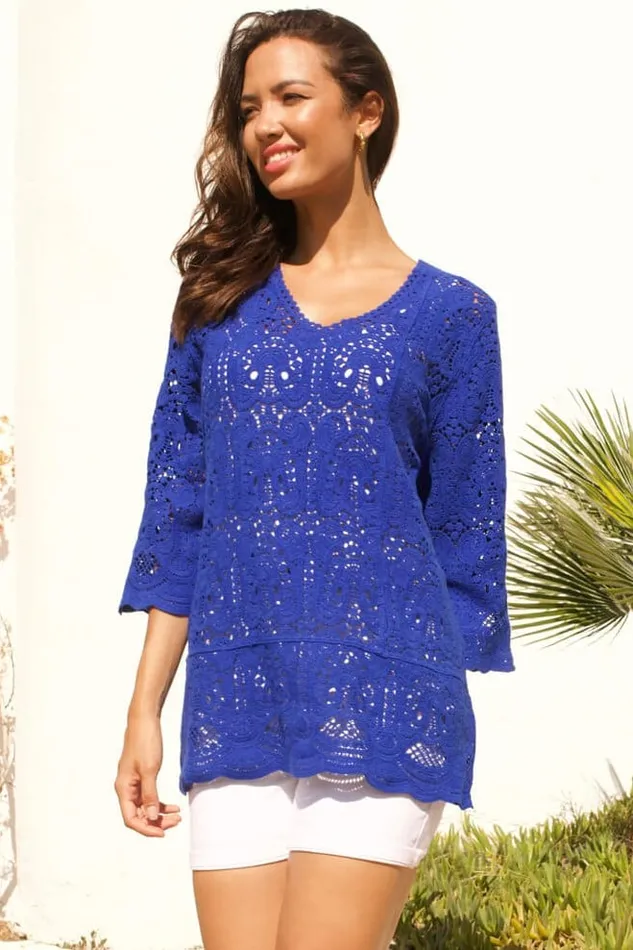 Women Royal Blue Cotton Crochet Tunic Top Roman Tops