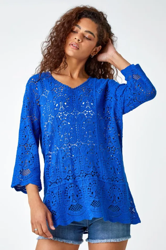 Women Royal Blue Cotton Crochet Tunic Top Roman Tops