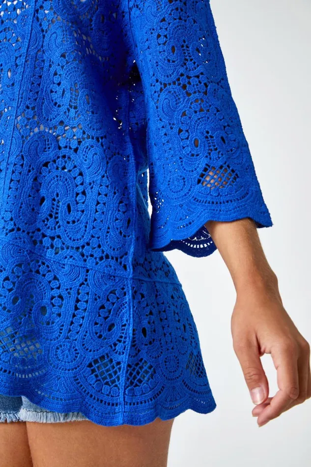 Women Royal Blue Cotton Crochet Tunic Top Roman Tops