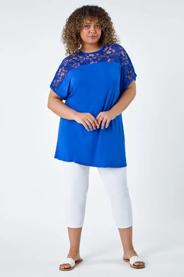 Women Royal Blue Curve Lace Yoke Stretch Jersey Tunic Top Roman Tops