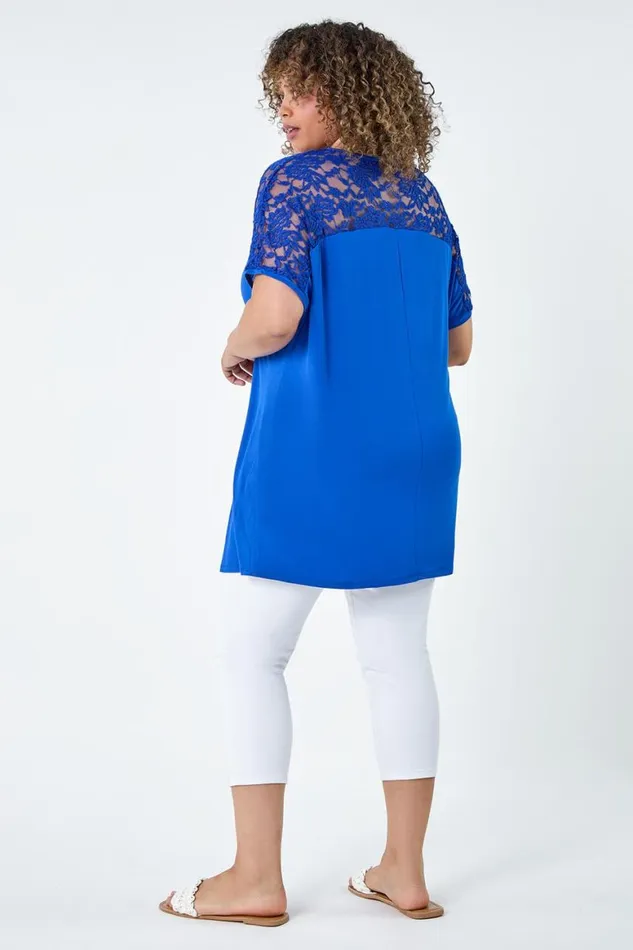 Women Royal Blue Curve Lace Yoke Stretch Jersey Tunic Top Roman Tops