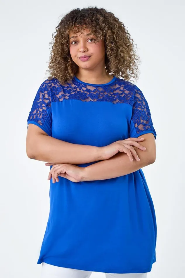 Women Royal Blue Curve Lace Yoke Stretch Jersey Tunic Top Roman Tops