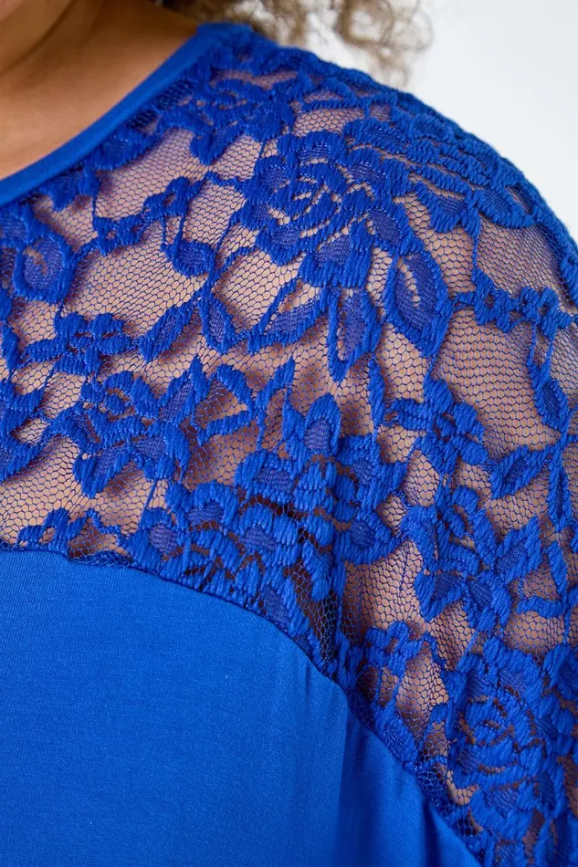 Women Royal Blue Curve Lace Yoke Stretch Jersey Tunic Top Roman Tops