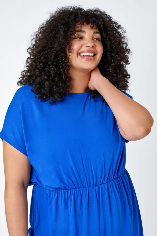 Women Royal Blue Curve Shirred Waist Tunic Top Roman Tops