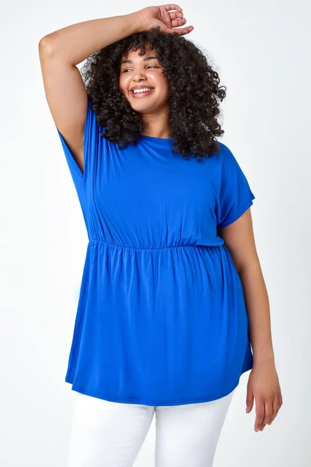Women Royal Blue Curve Shirred Waist Tunic Top Roman Tops