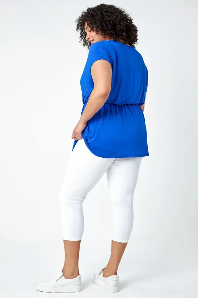 Women Royal Blue Curve Shirred Waist Tunic Top Roman Tops