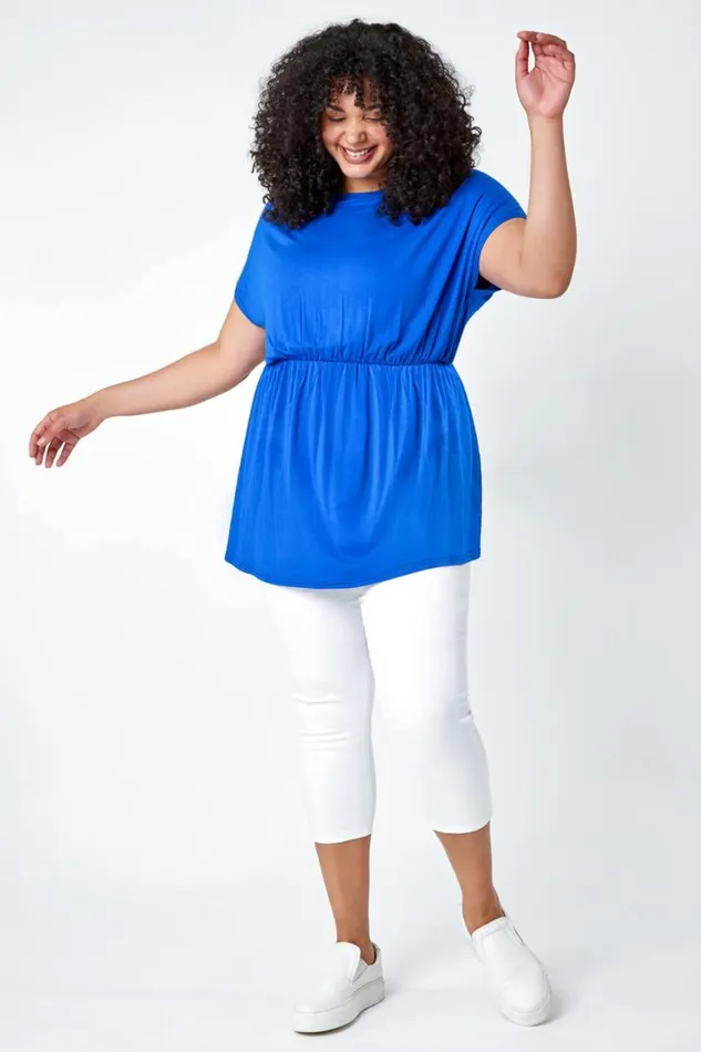 Women Royal Blue Curve Shirred Waist Tunic Top Roman Tops