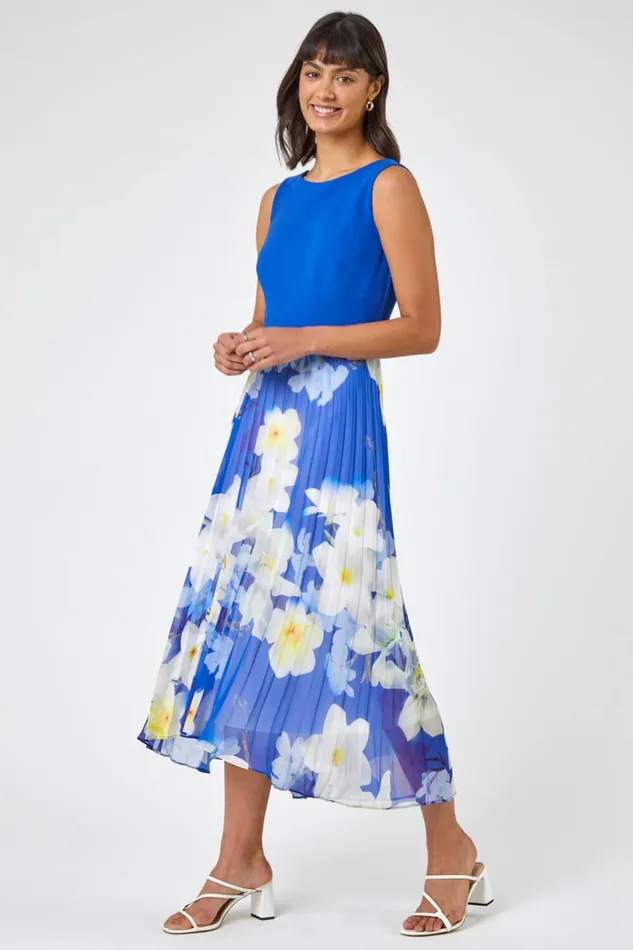 Women Royal Blue Floral Print Chiffon Fit and Flare Dress Roman Dresses