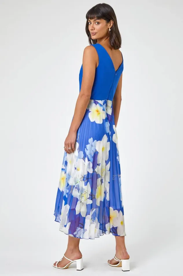 Women Royal Blue Floral Print Chiffon Fit and Flare Dress Roman Dresses