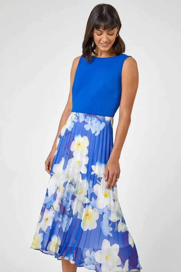 Women Royal Blue Floral Print Chiffon Fit and Flare Dress Roman Dresses