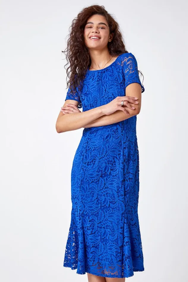 Women Royal Blue Flute Hem Lace Midi Dress Roman Dresses
