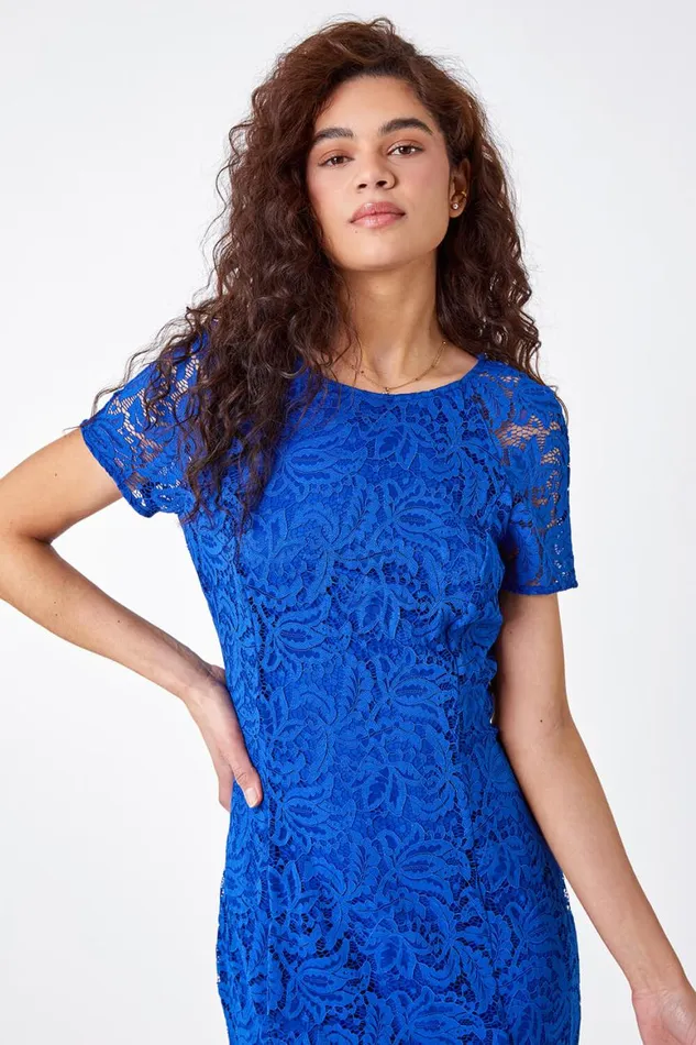 Women Royal Blue Flute Hem Lace Midi Dress Roman Dresses