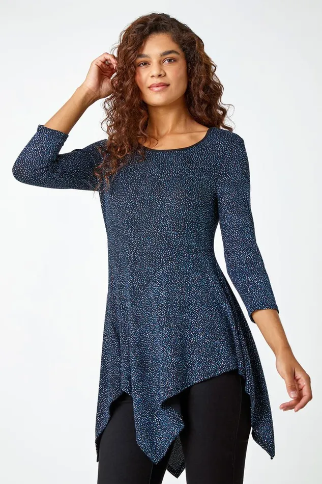 Women Royal Blue Glitter Hanky Hem Tunic Stretch Top Roman Tops