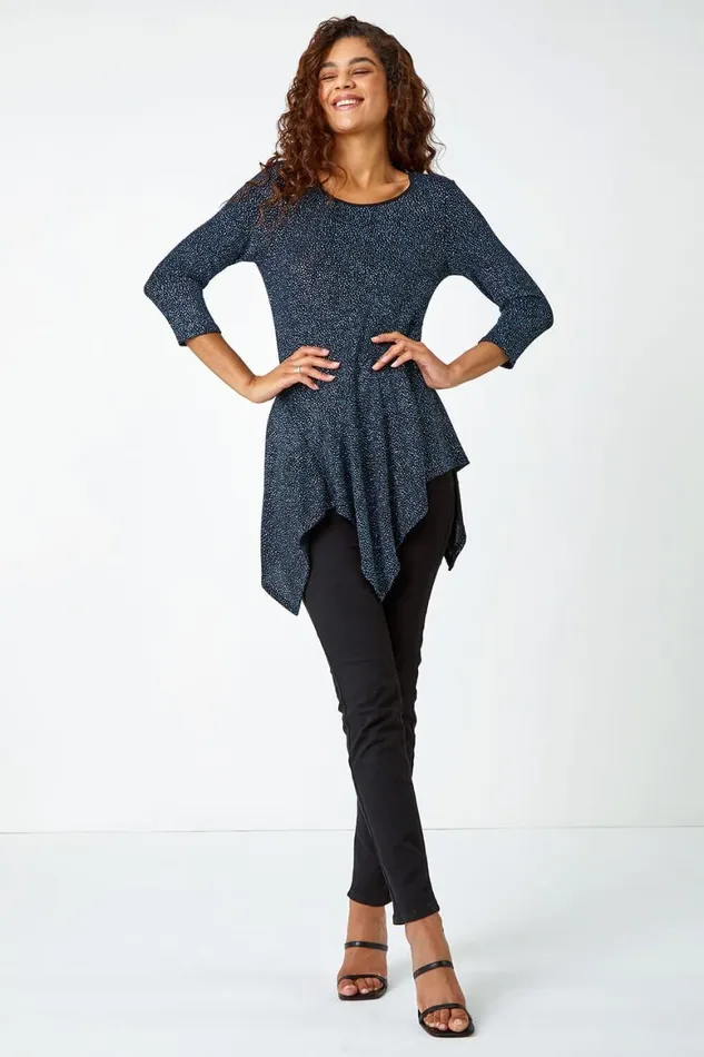 Women Royal Blue Glitter Hanky Hem Tunic Stretch Top Roman Tops