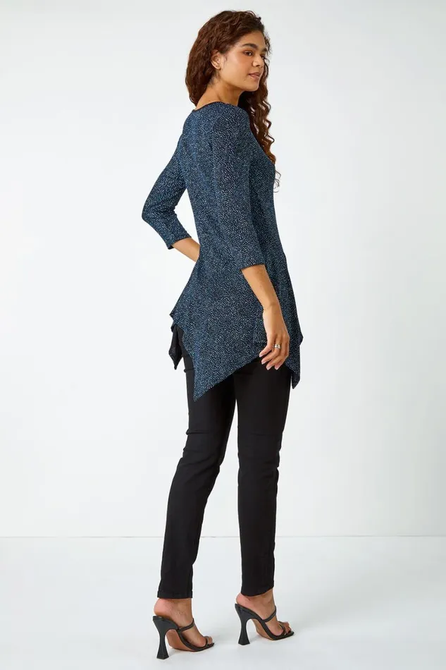 Women Royal Blue Glitter Hanky Hem Tunic Stretch Top Roman Tops