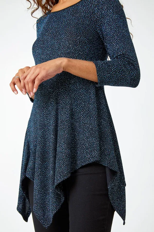 Women Royal Blue Glitter Hanky Hem Tunic Stretch Top Roman Tops