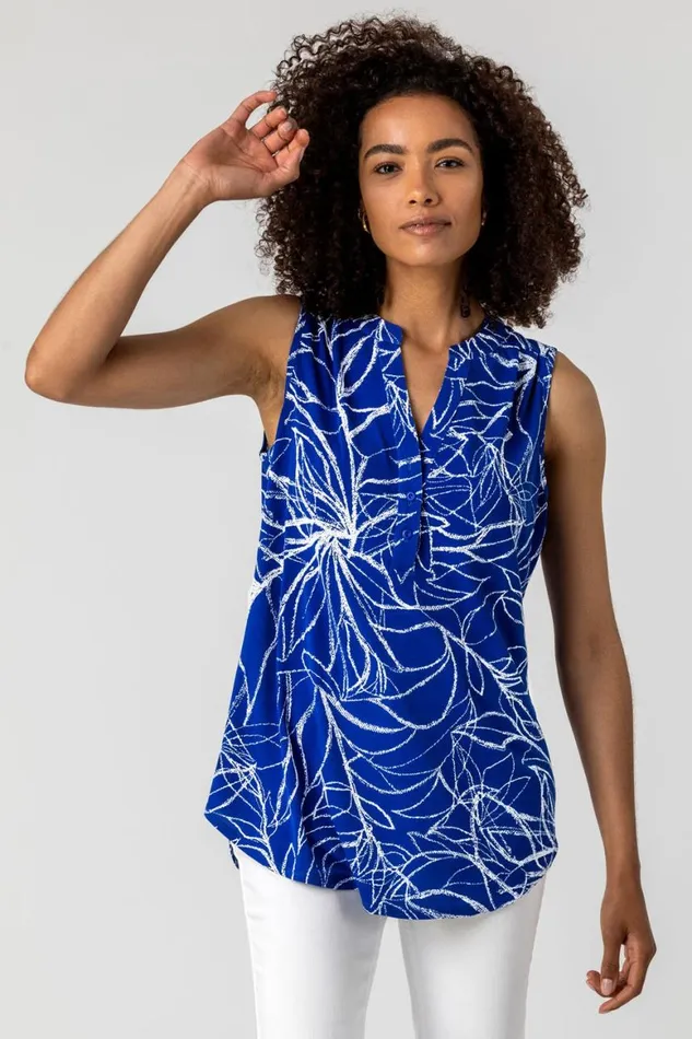 Women Royal Blue Leaf Puff Print Stretch Blouse Roman Tops