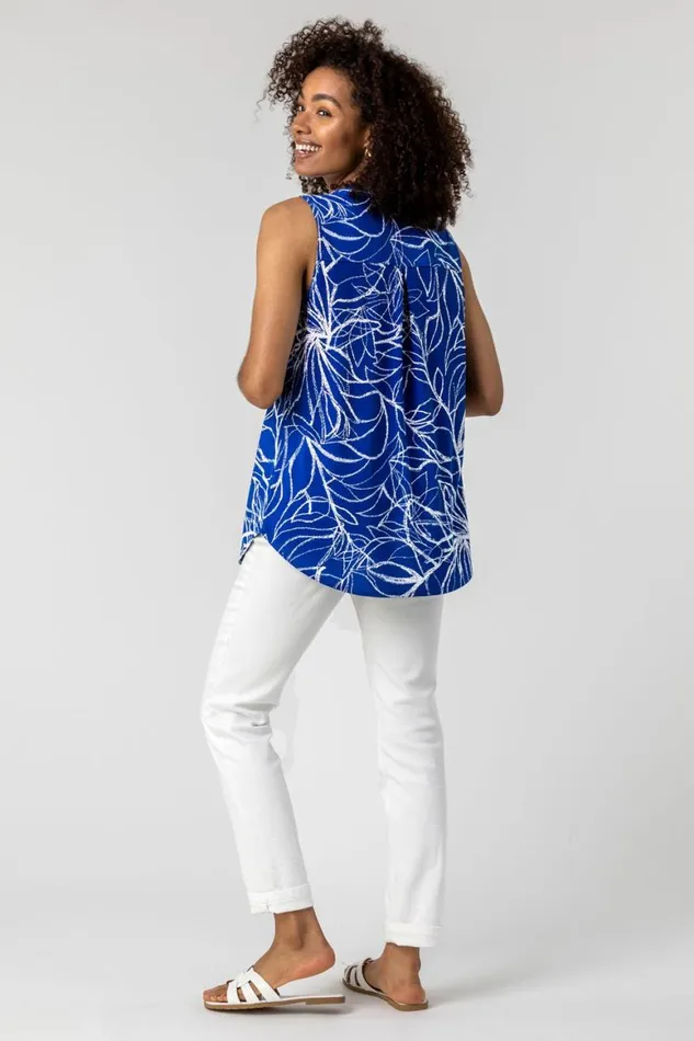 Women Royal Blue Leaf Puff Print Stretch Blouse Roman Tops