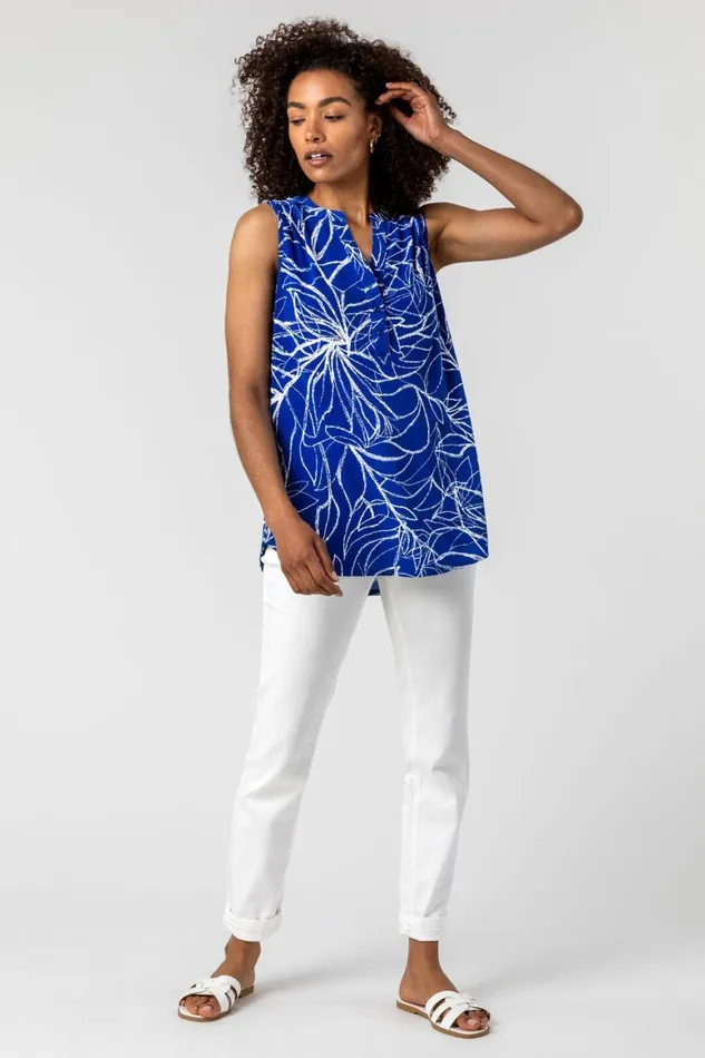 Women Royal Blue Leaf Puff Print Stretch Blouse Roman Tops