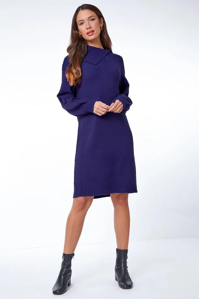 Women Royal Blue Longline Split Neck Jumper Dress Roman Dresses