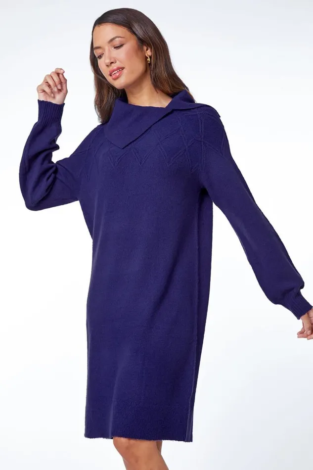 Women Royal Blue Longline Split Neck Jumper Dress Roman Dresses