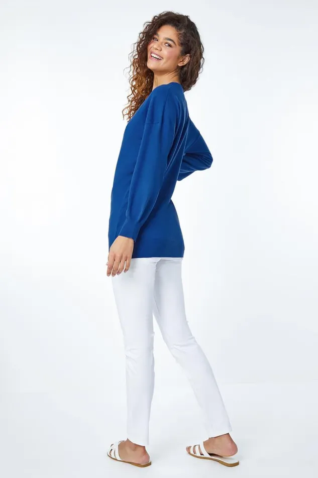Women Royal Blue Plain Stretch VNeck Longline Jumper Roman Knitwear