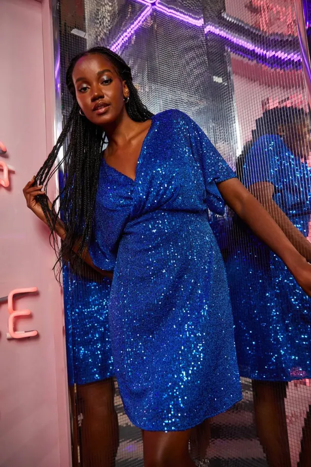 Women Royal Blue Sequin Embellished Wrap Skater Stretch Dress Roman Dresses
