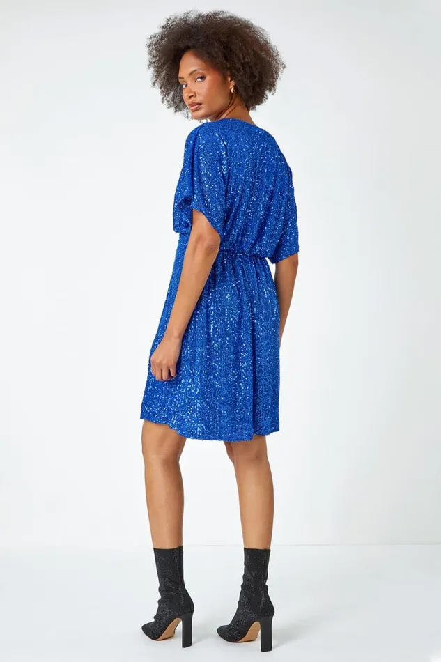 Women Royal Blue Sequin Embellished Wrap Skater Stretch Dress Roman Dresses