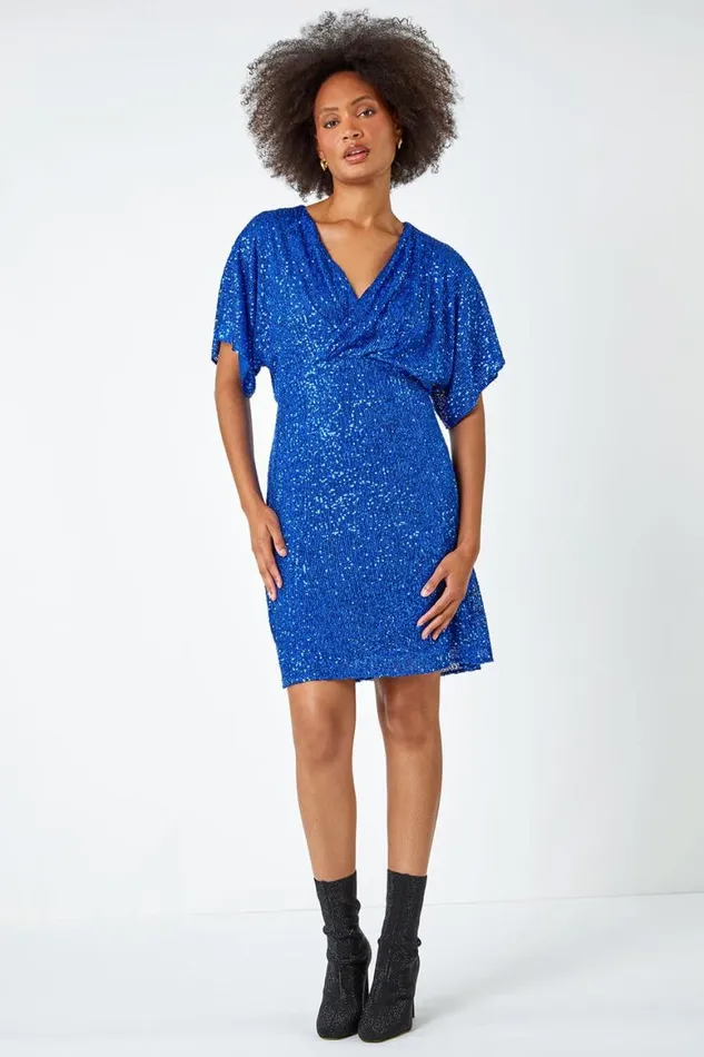 Women Royal Blue Sequin Embellished Wrap Skater Stretch Dress Roman Dresses