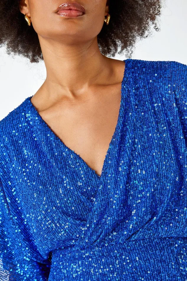 Women Royal Blue Sequin Embellished Wrap Skater Stretch Dress Roman Dresses
