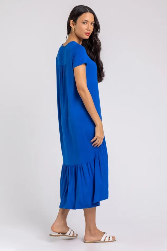 Women Royal Blue Tiered Hem Jersey Midi Dress Roman Dresses